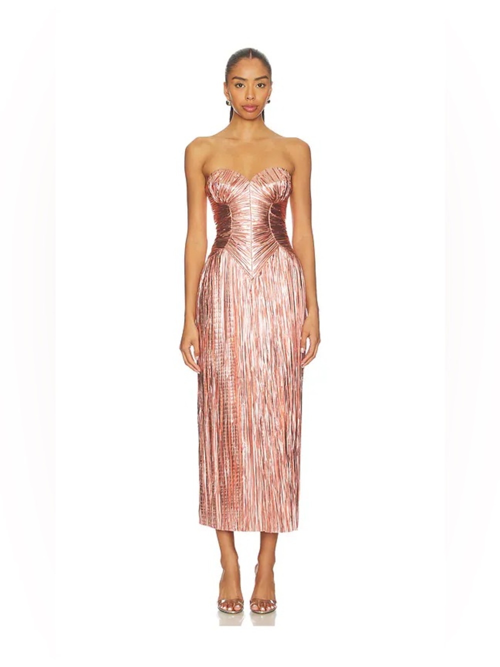 Cult Gaia Ashika Petal Metallic Strapless Pleated Midi Dress REVOLVE